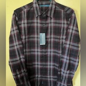 Perry Ellis Burgundy/Black/Grey Plaid Button-Down Shirt